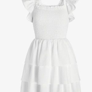 EXPRESS SMOCKED RUFFLE OFF THE SHOULDER DRESS IN WHITE